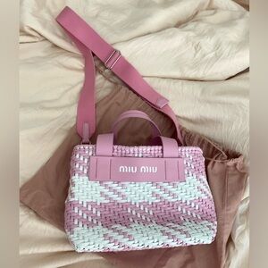 Miu Miu pink and white gingham woven leather check bag